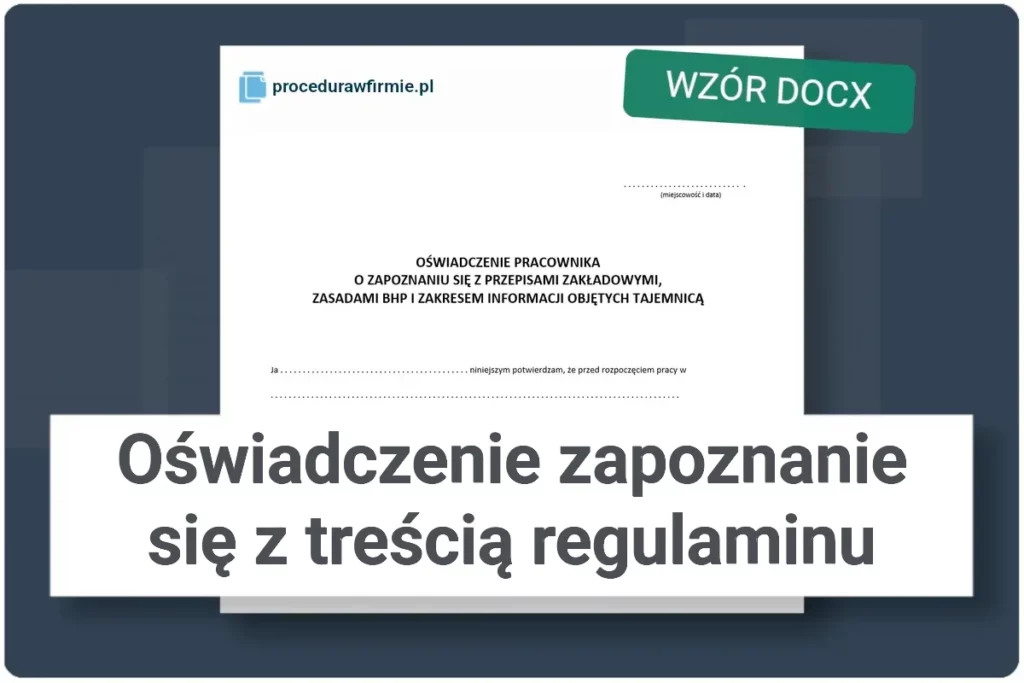 Oswiadczenie pracownika zapoznanie sie z trescia regulaminu format DOCX wzor